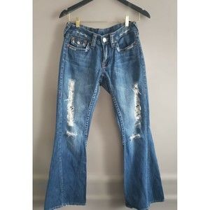 True Religion Jeans Women’s 27 Blue  Bell Bottom Distressed 100% Cotton